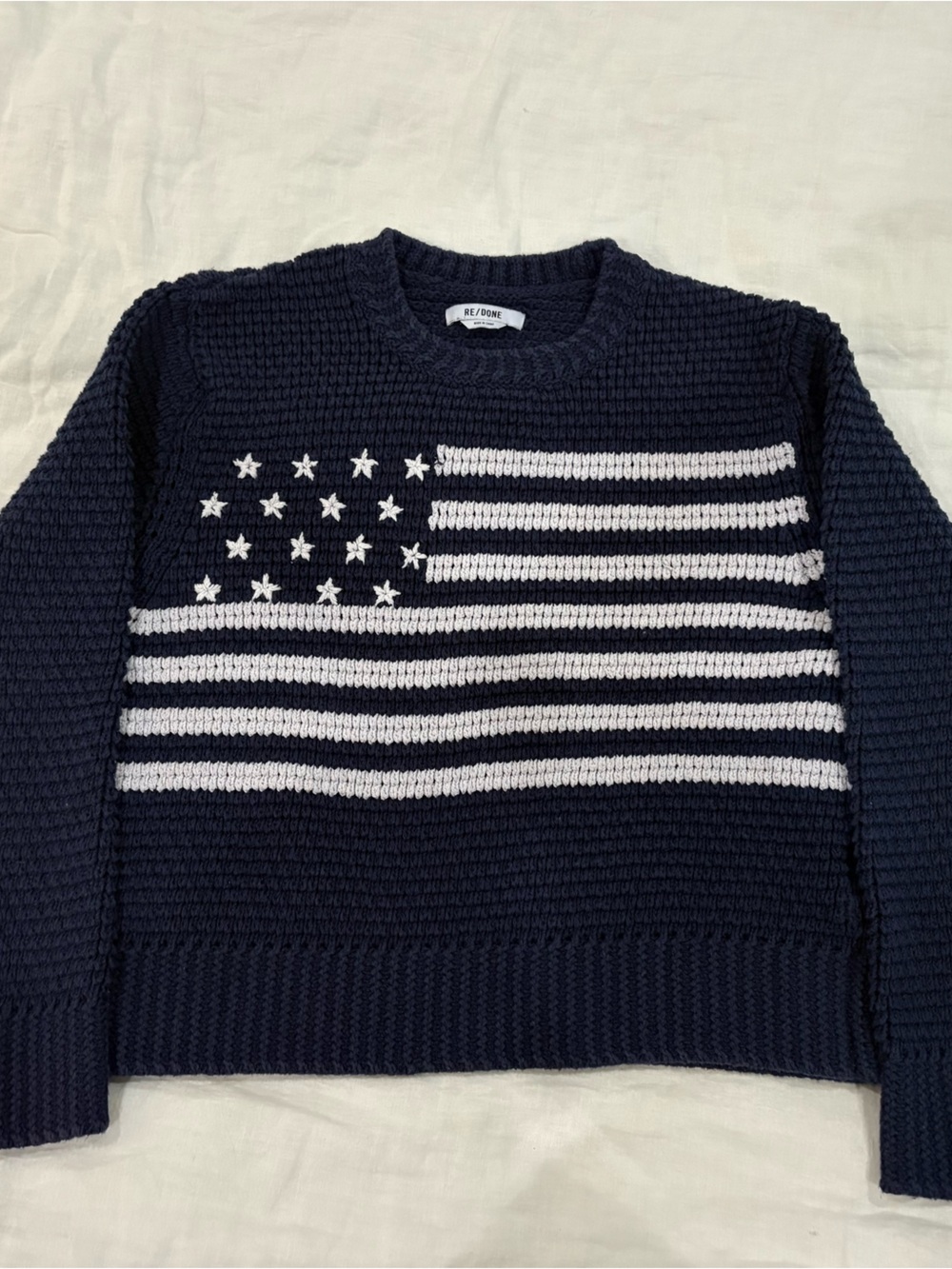 Re/Done Navy Crewneck Sweater with White Flag Knit